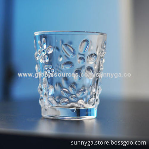 Semi Automatic Press Glass Candle Holder with Embossed Pattern, 228mL Capacity